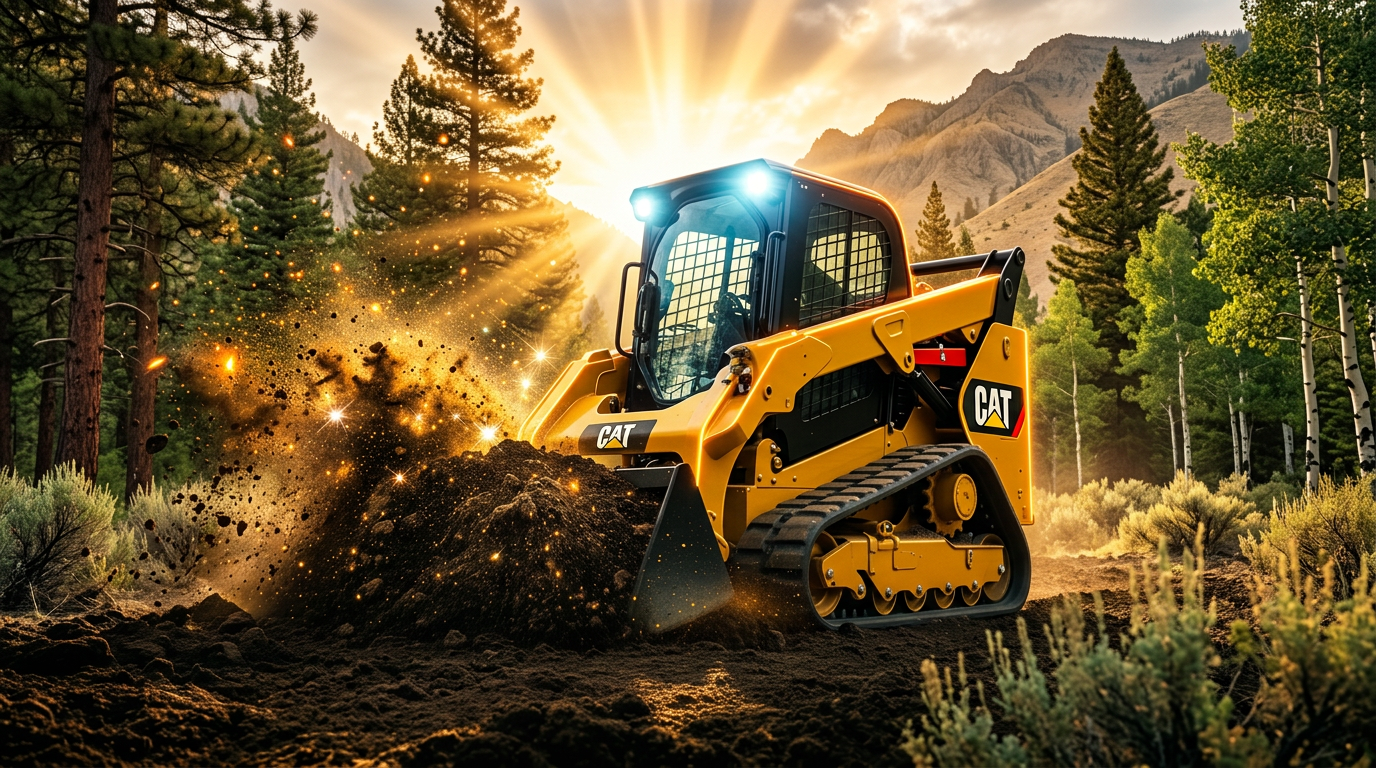 Powerful skid steer ripping through earth at golden hour